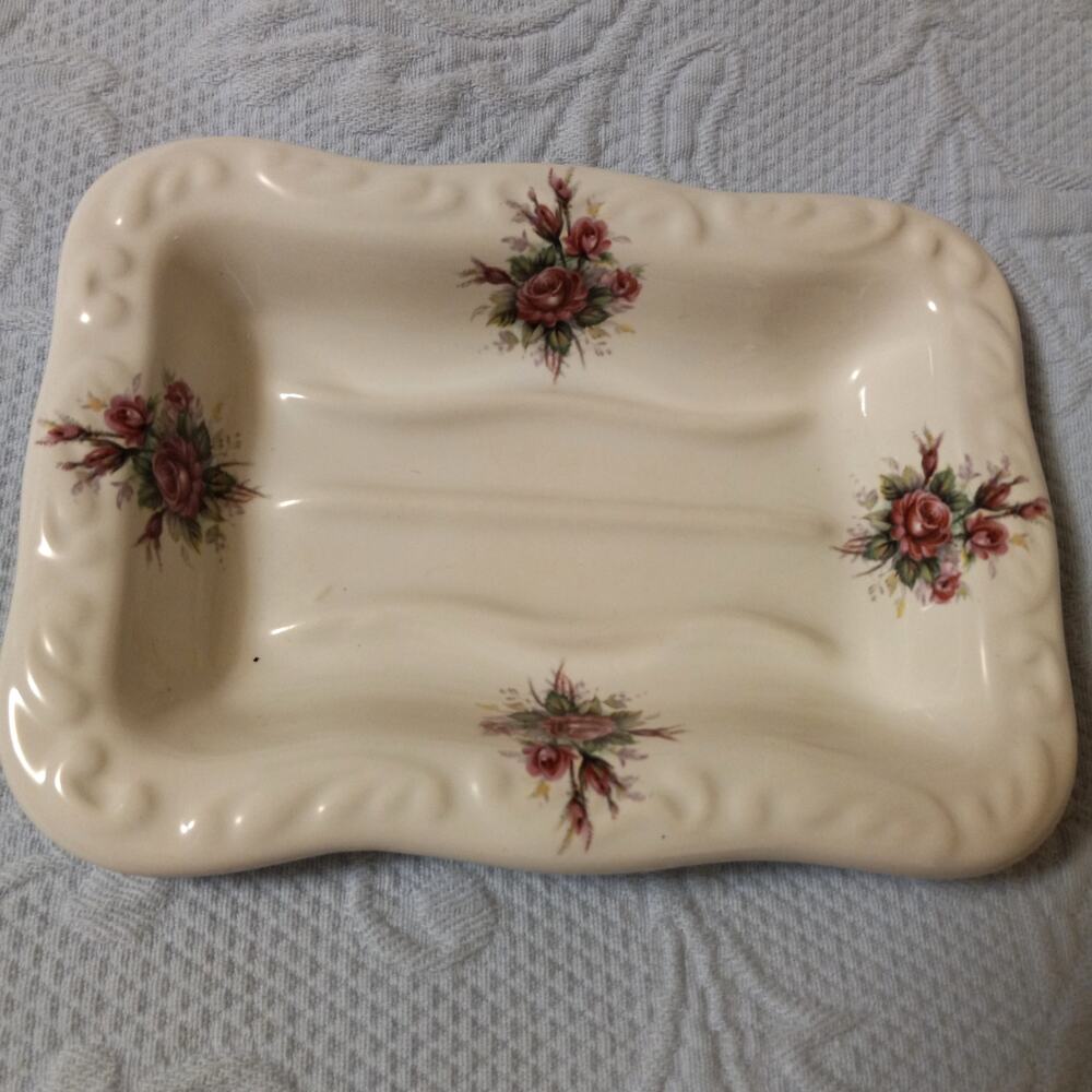 Vintage VB Athena California Pottery Mauve Roses Ceramic Soap Dish Made in USA